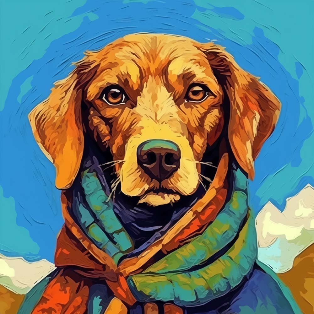 Hiking dog with colorful scarf cross stitch kit for beginners