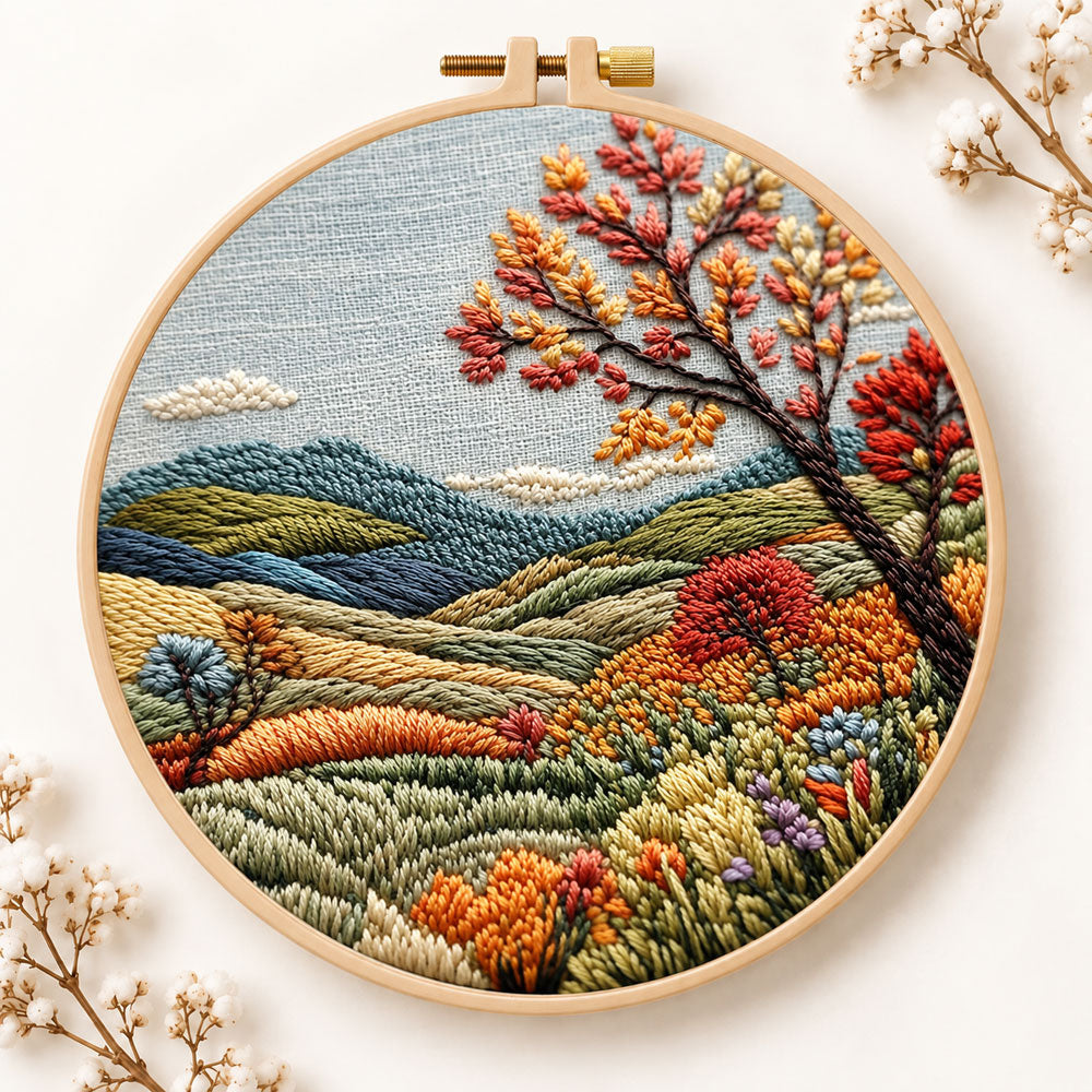 Hillside fall tree view embroidery kit