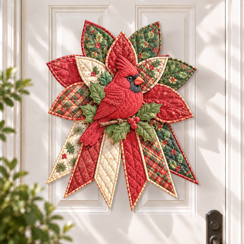 Holiday cardinal DIY quilted bow sewing kit finished as a handmade door decoration