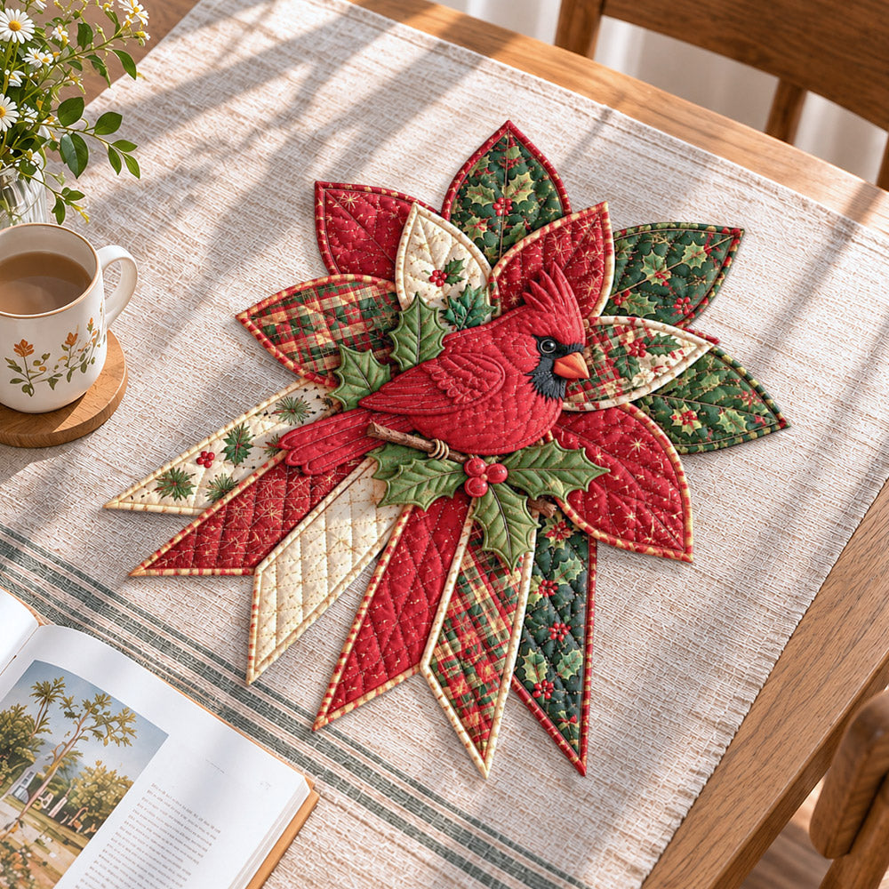 Holiday cardinal handmade quilted bow displayed on a table as seasonal home decor