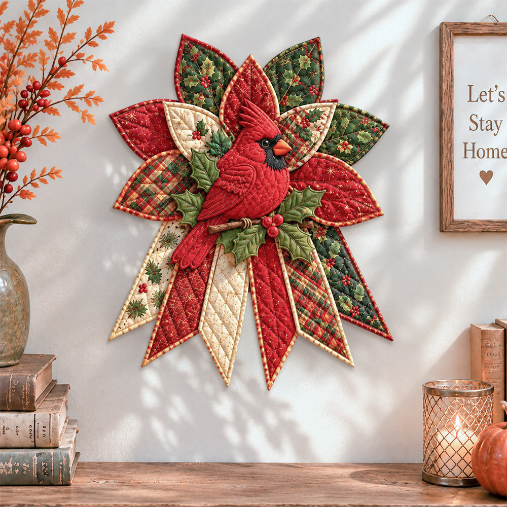 Holiday cardinal quilted bow displayed as handmade wall decor in a cozy home