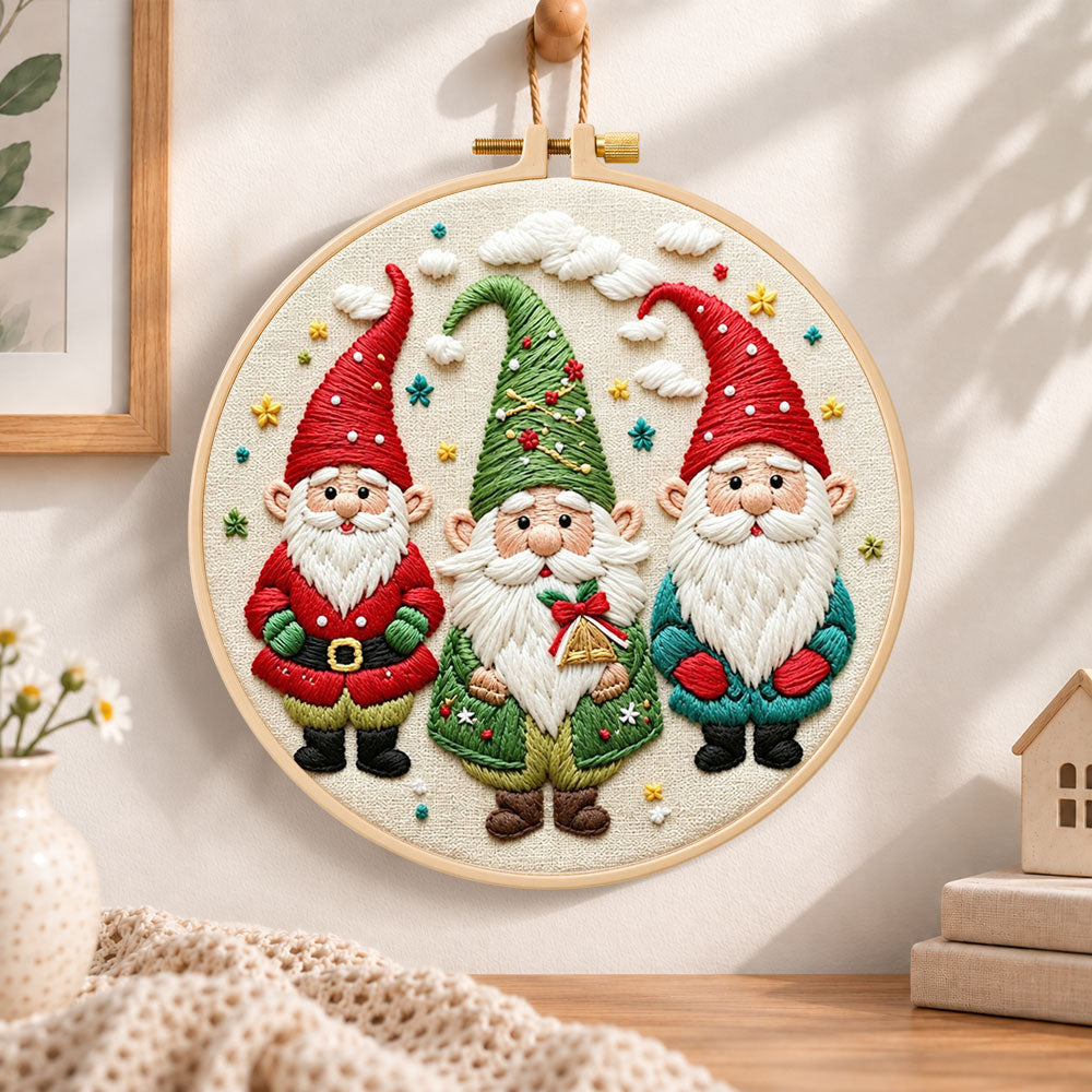Holiday gnome trio embroidery hoop wall art displayed as warm and cozy handmade home decor