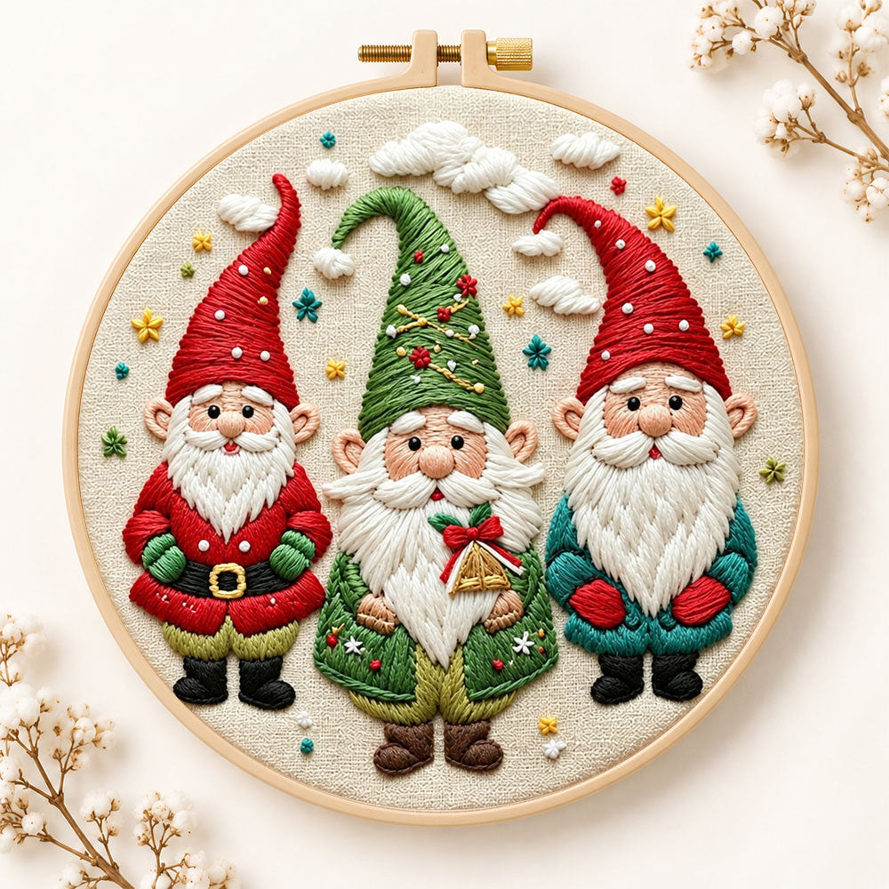 Holiday gnome trio embroidery kit