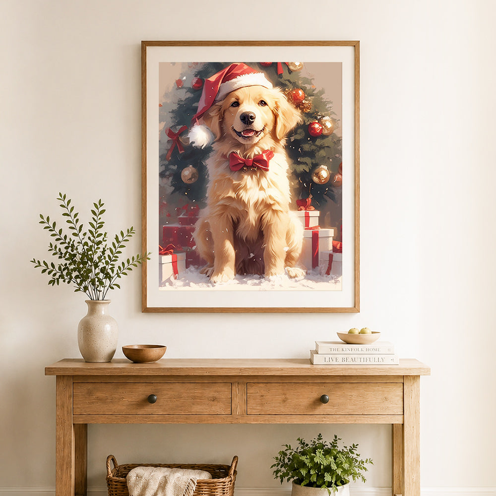 Finished holiday golden retriever cross stitch artwork displayed as home decor