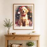 Finished holiday golden retriever cross stitch artwork displayed as home decor