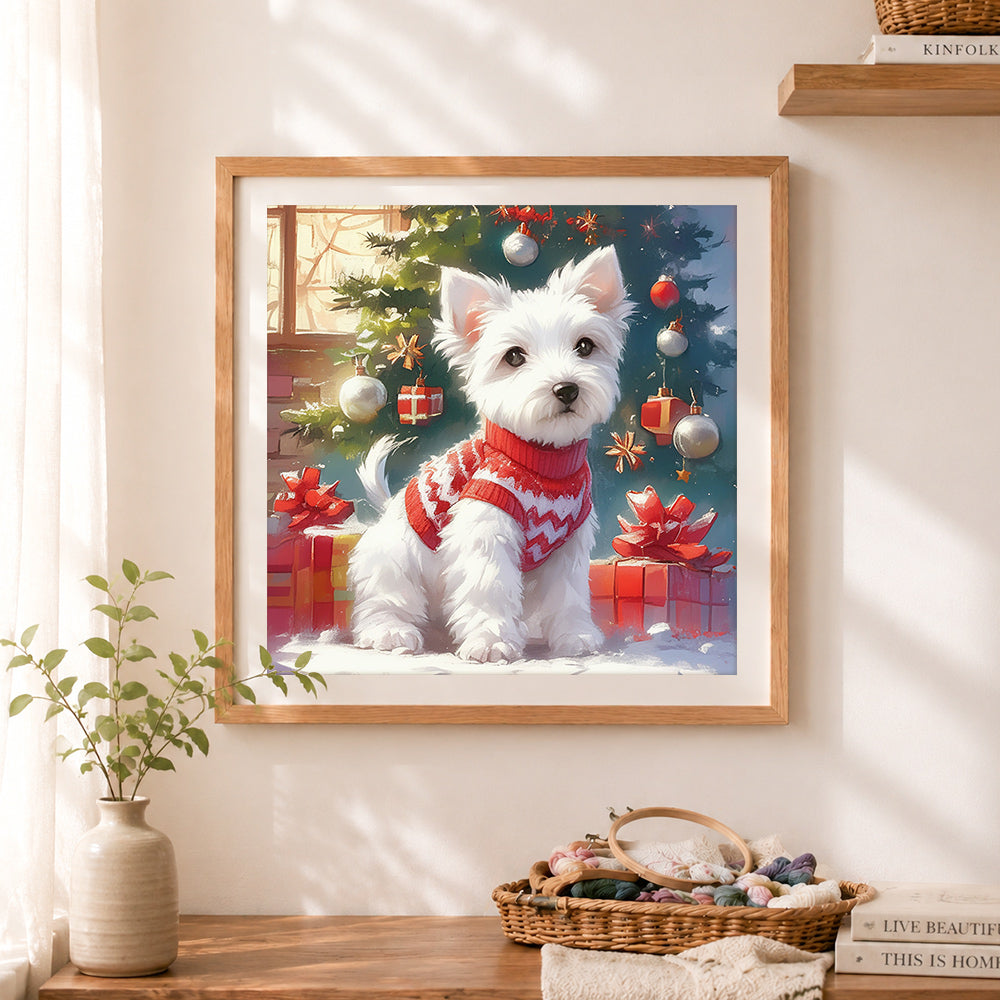Finished holiday puppy in cozy christmas sweater cross stitch artwork displayed as home decor
