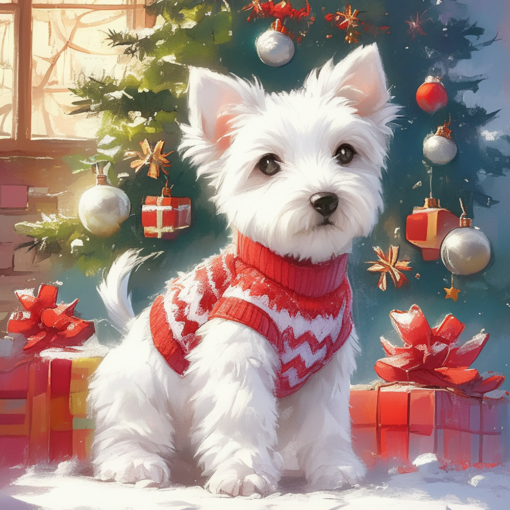 Holiday puppy in cozy christmas sweater cross stitch kit for beginners