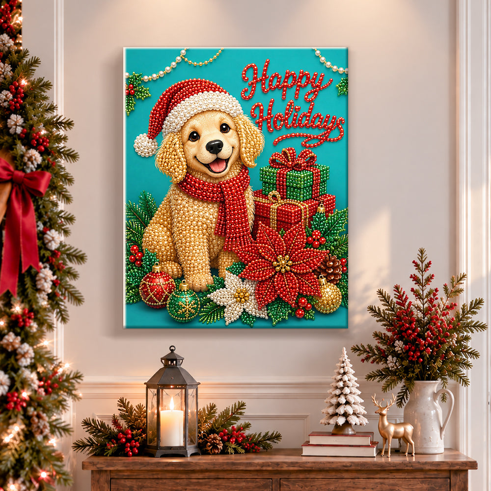 Finished holiday puppy joy pearl diamond painting artwork displayed as holiday home decor