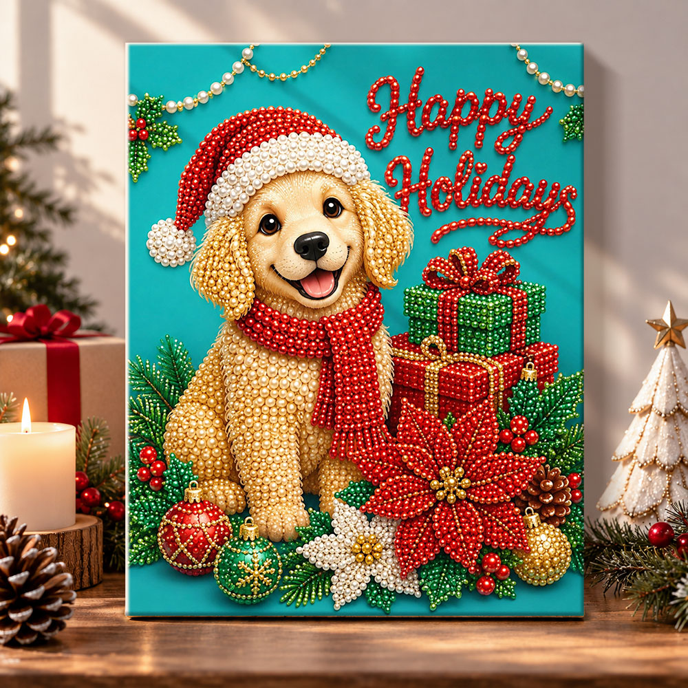Holiday puppy joy pearl diamond painting kit for beginners