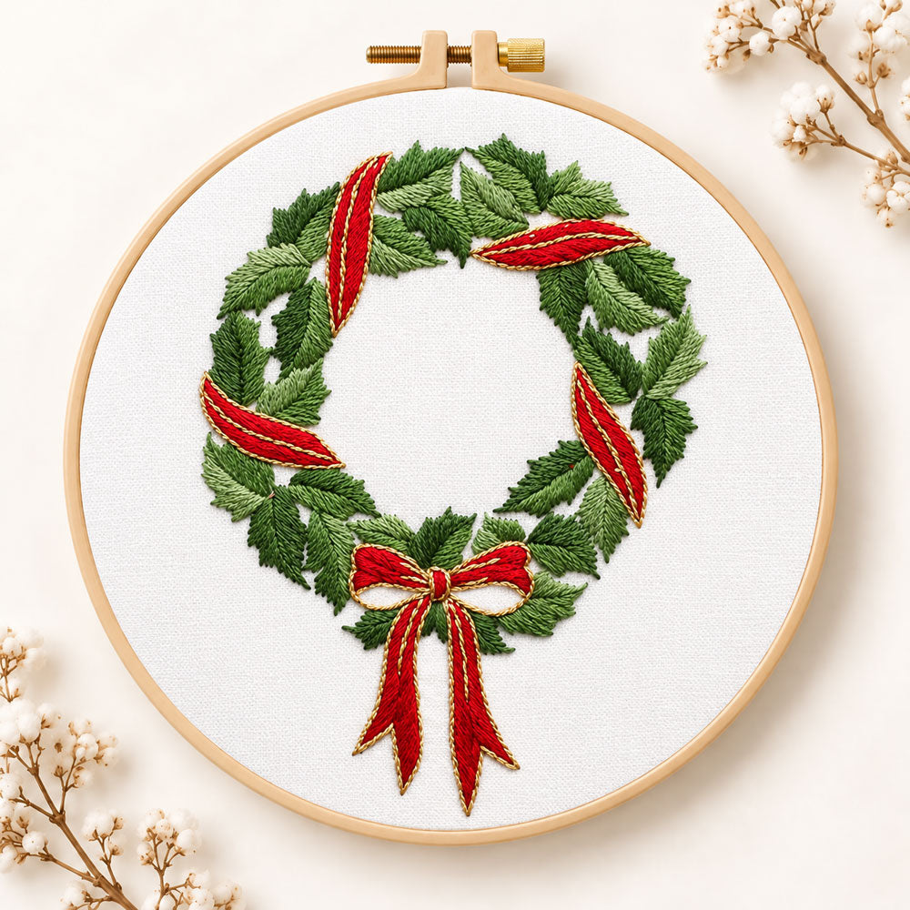 Holly wreath with bow embroidery kit