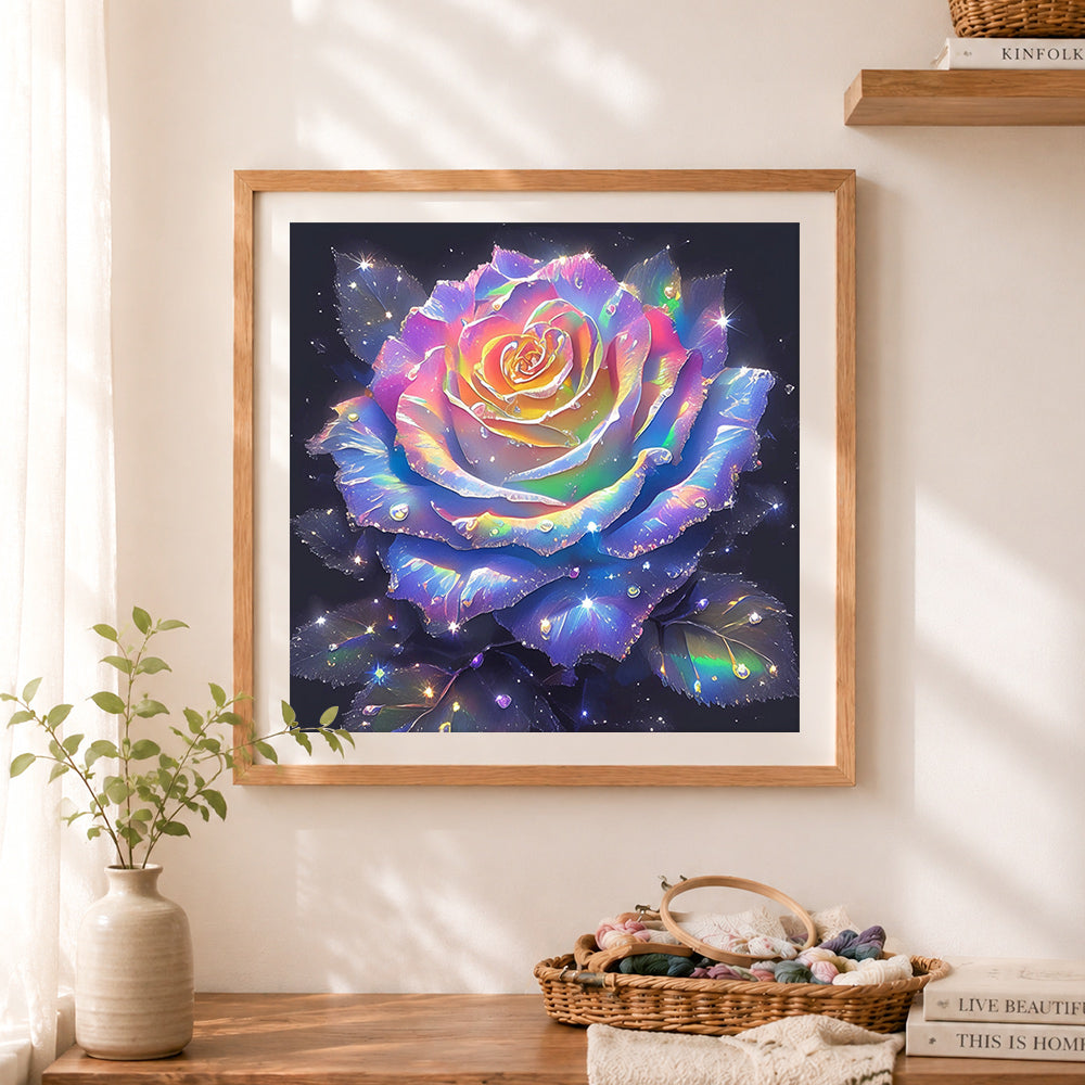 Finished holographic rainbow rose on dark background cross stitch artwork displayed as home decor