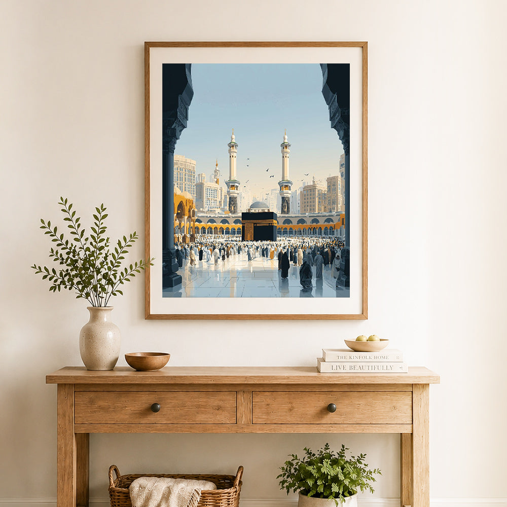 Finished holy city sacred sight cross stitch artwork displayed as home decor