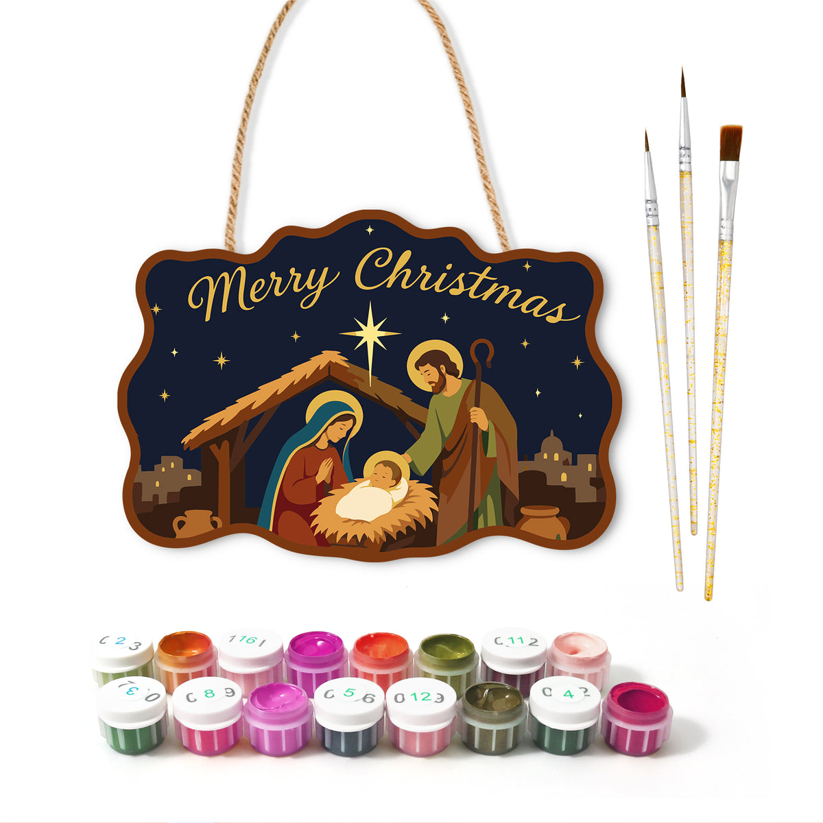 Holy family under star paint by numbers door hanger with paints and brushes