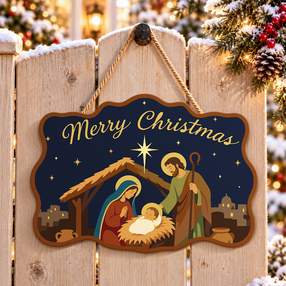 Holy family under star paint by numbers door hanger on a garden gate