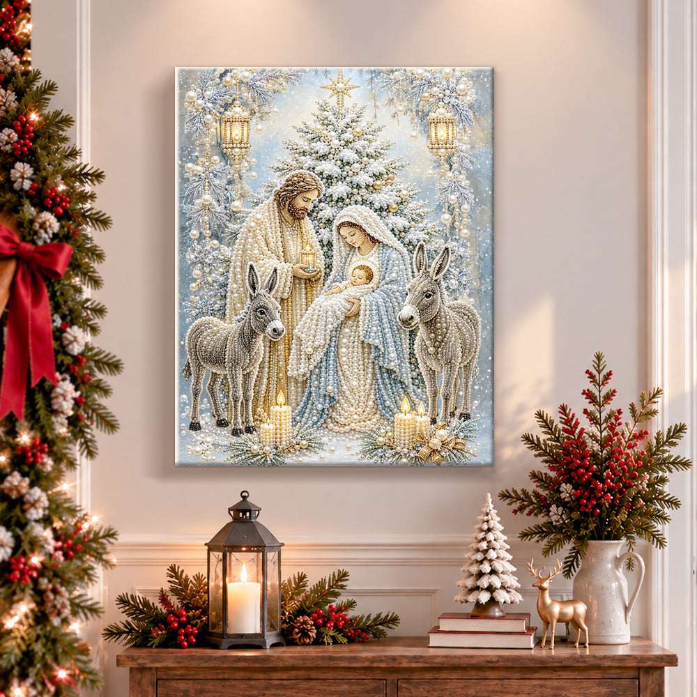 Finished holy family winter nativity pearl diamond painting artwork displayed as holiday home decor