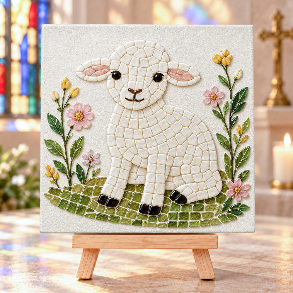 Holy lamb sea glass art kit finished artwork on display