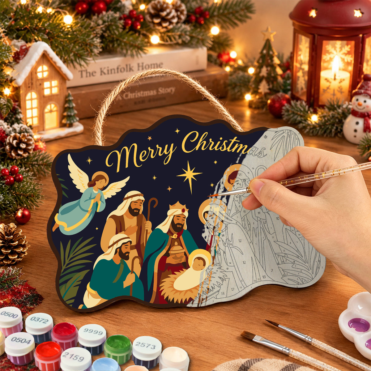 Holy night gathering paint by numbers door hanger painting process