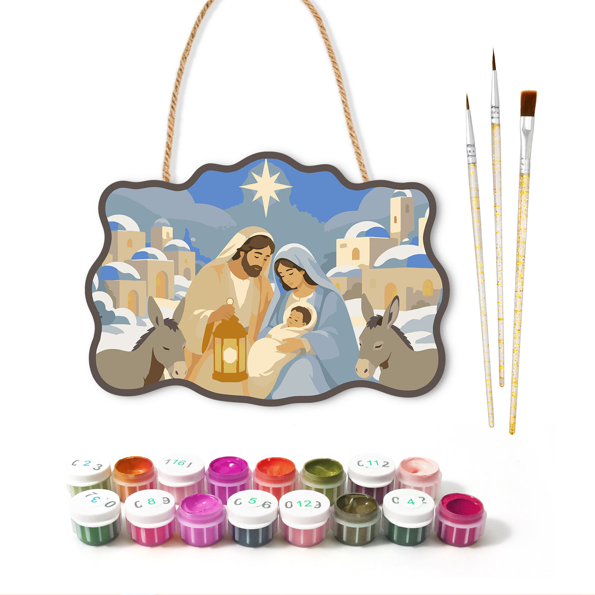 Holy night nativity paint by numbers door hanger with paints and brushes