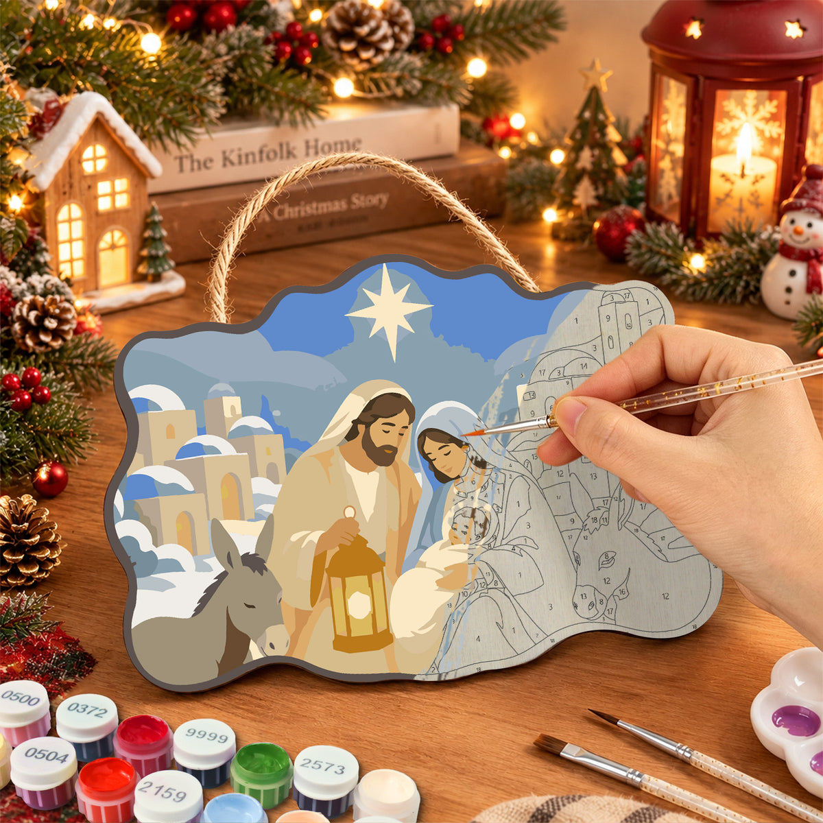 Holy night nativity paint by numbers door hanger painting process