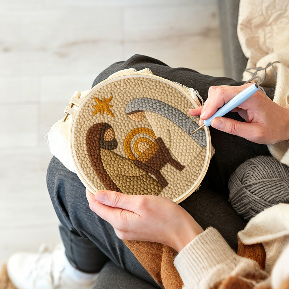 Creating handmade holy night nativity punch needle artwork