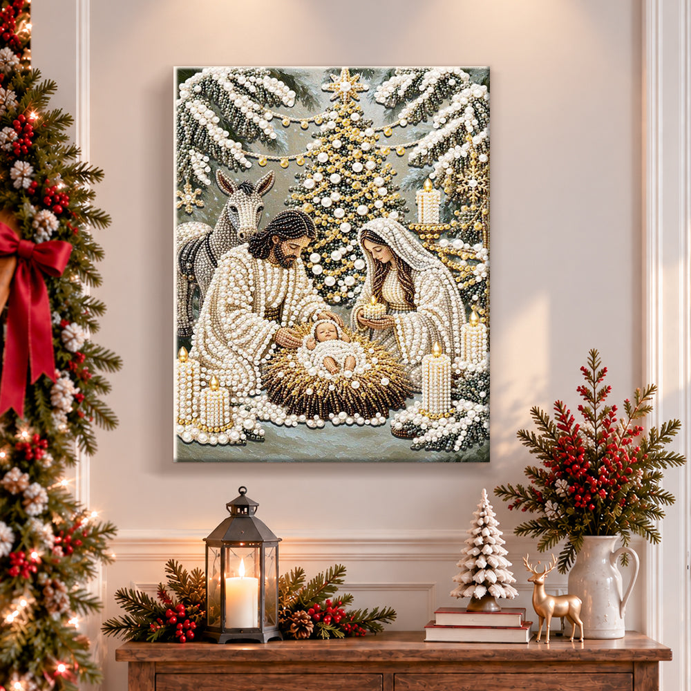 Finished holy night nativity scene pearl diamond painting artwork displayed as holiday home decor