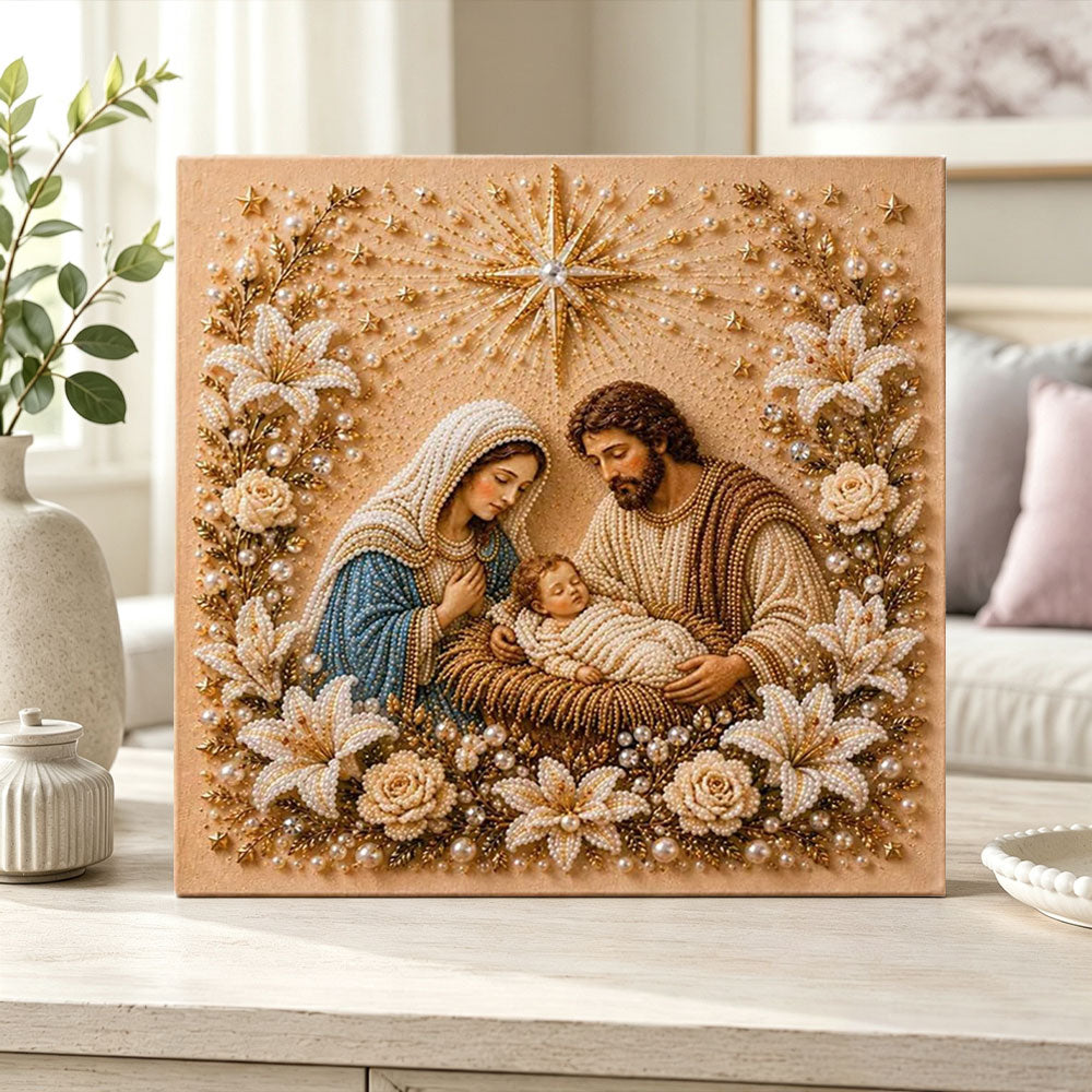 Finished holy night serenity pearl diamond painting artwork displayed as home decor