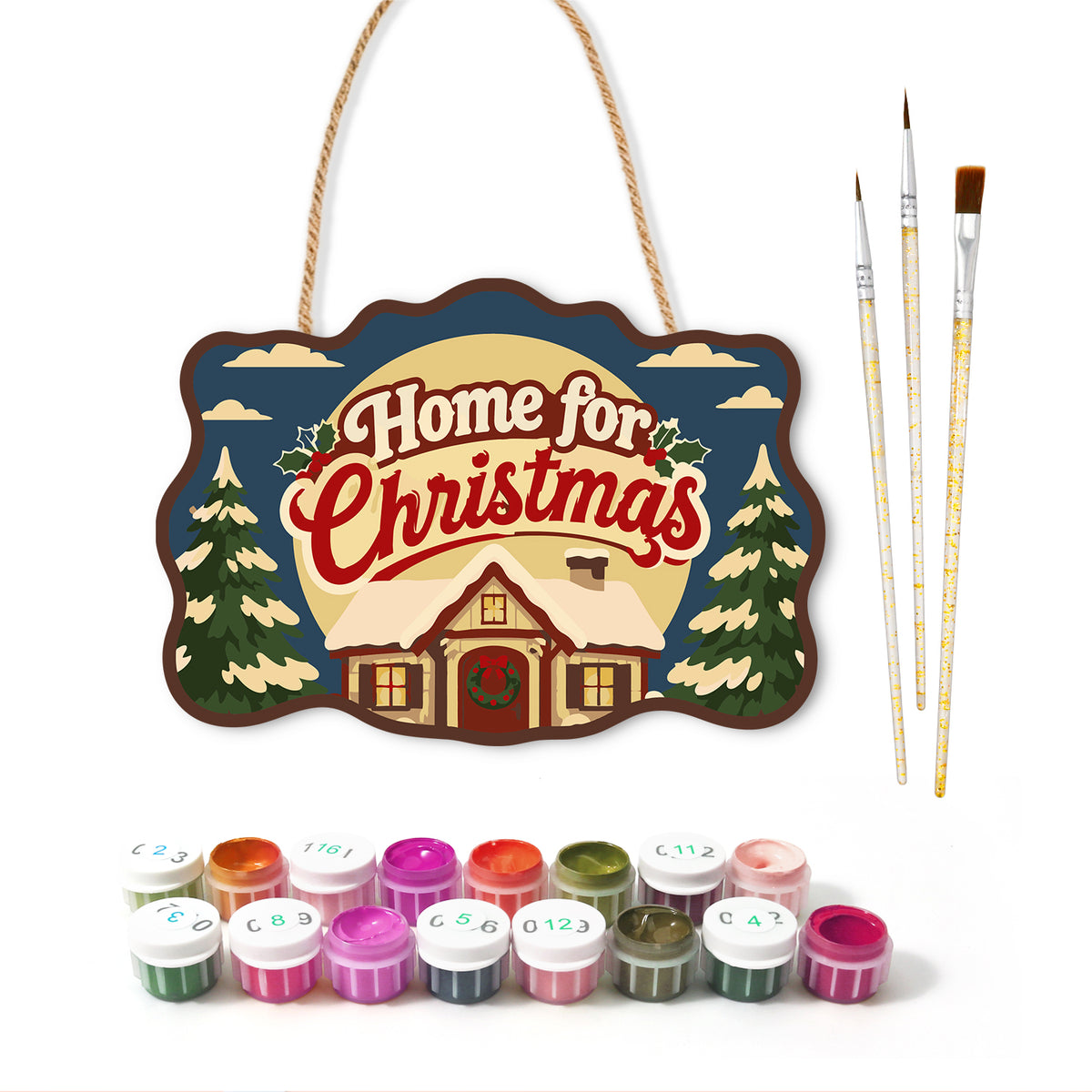 Home for christmas paint by numbers door hanger with paints and brushes