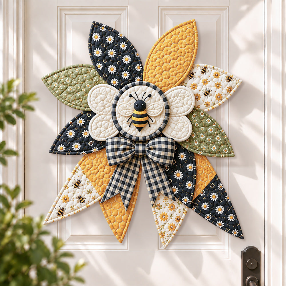 Honey bee DIY quilted bow sewing kit finished as a handmade door decoratio