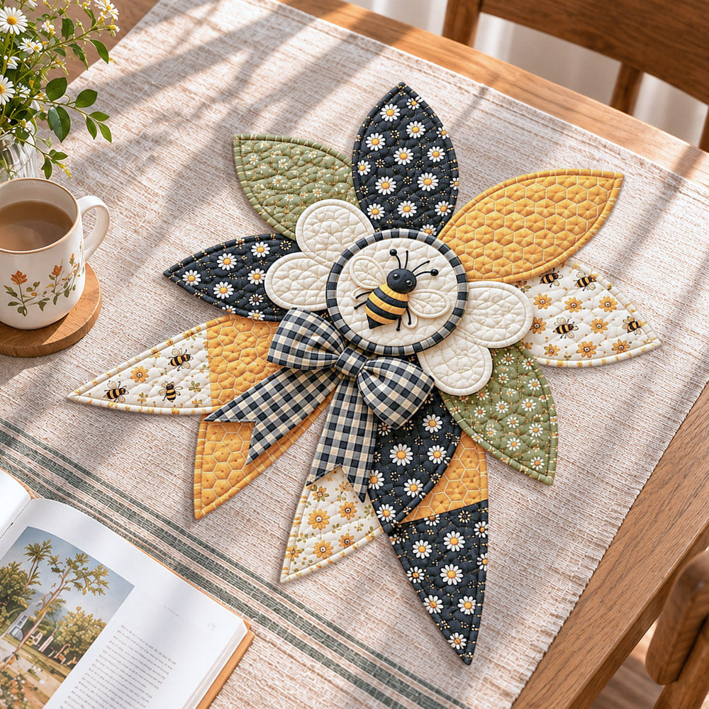 Honey bee handmade quilted bow displayed on a table as seasonal home decor