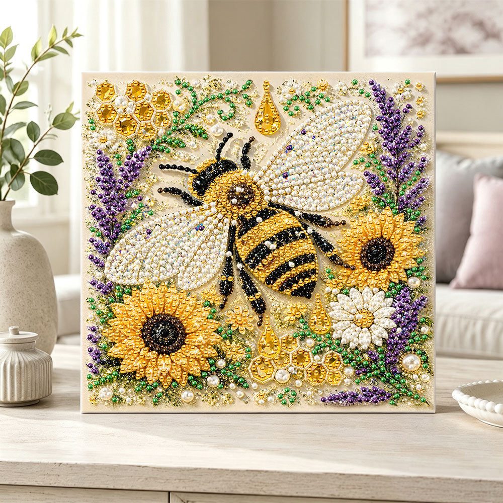 Finished honeybee garden pearl diamond painting artwork displayed as home decor