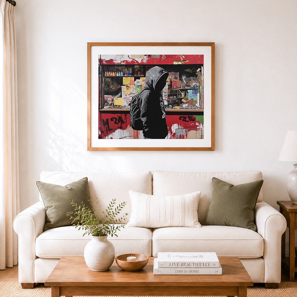 Finished hooded man at city storefront cross stitch artwork displayed as home decor