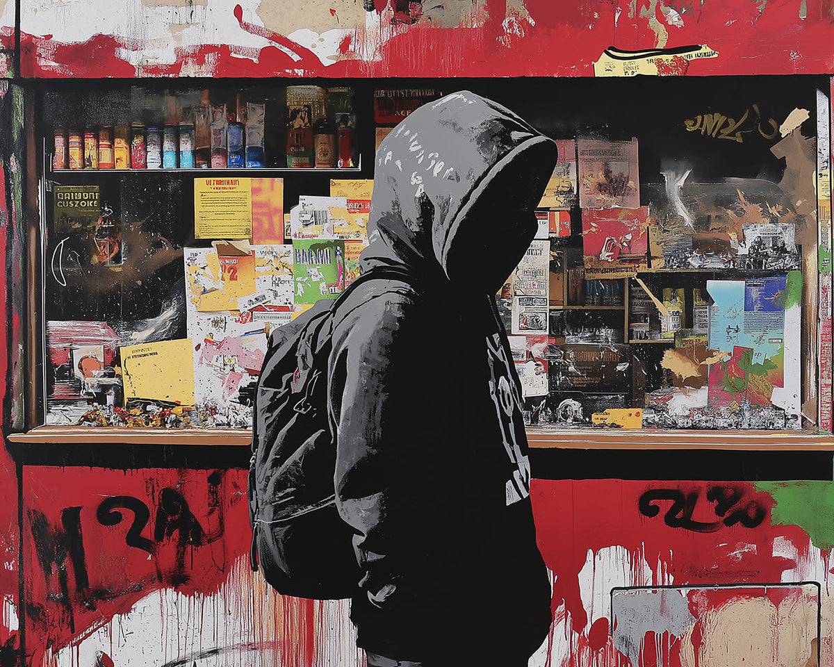 Hooded man at city storefront cross stitch kit for beginners