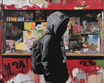 Hooded man at city storefront cross stitch kit for beginners