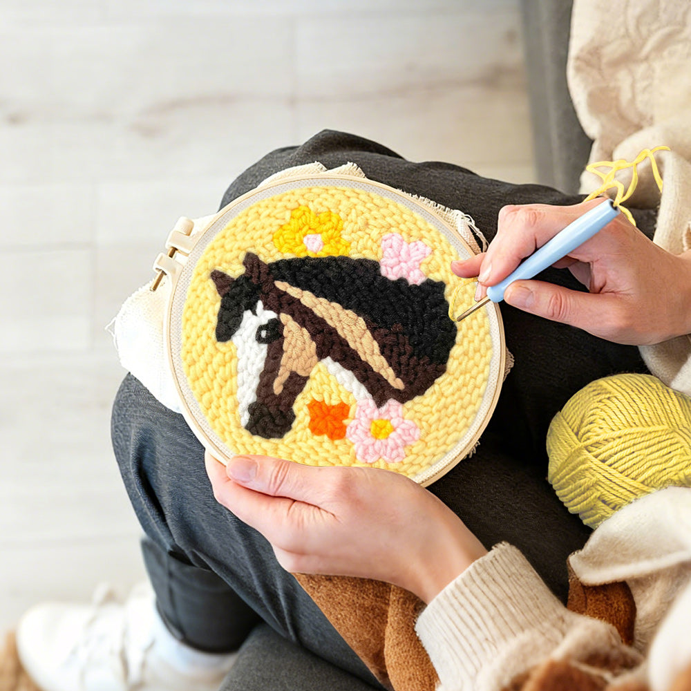 Creating handmade horse and colorful flowers punch needle artwork