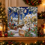 Finished horse cart snowy village pearl diamond painting artwork displayed as holiday home decor