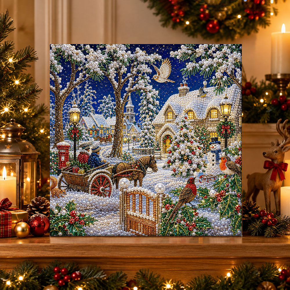 Finished horse cart snowy village pearl diamond painting artwork displayed as holiday home decor
