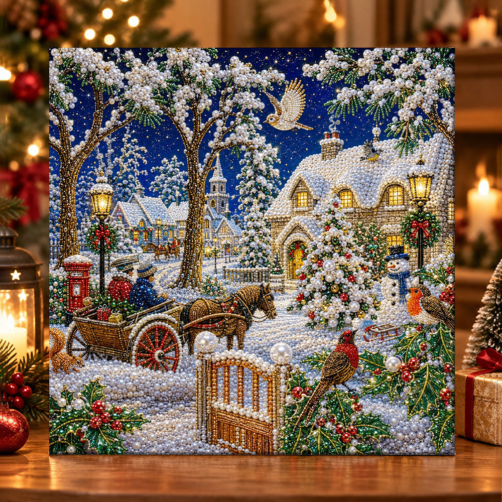 Horse cart snowy village pearl diamond painting kit for beginners