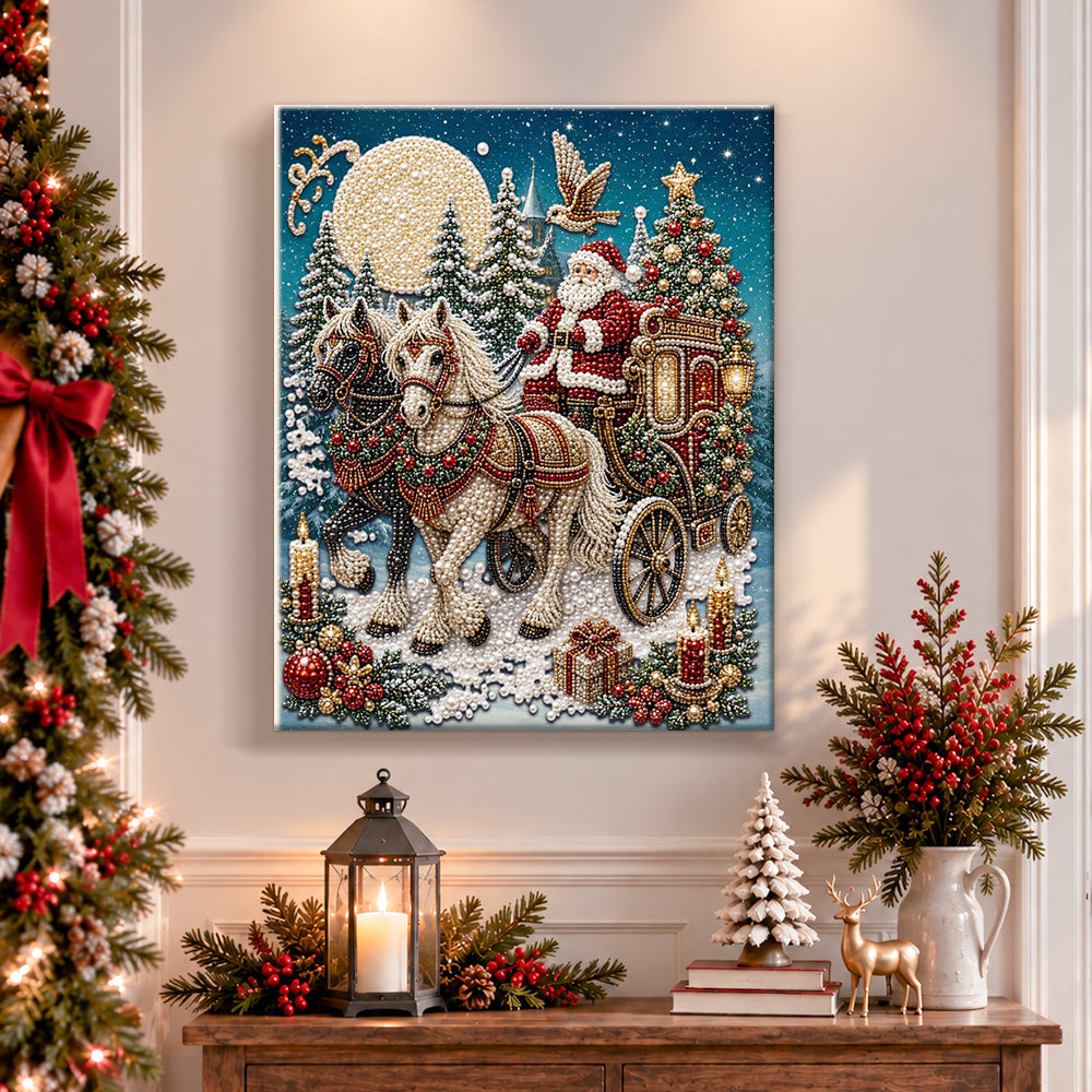 Finished horse‑drawn christmas carriage pearl diamond painting artwork displayed as holiday home decor