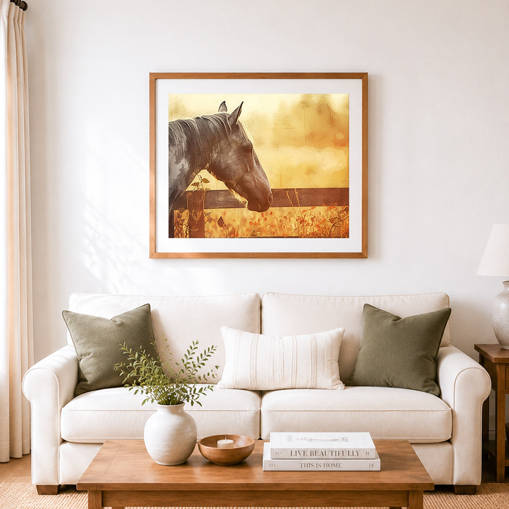 Finished horse in golden sunset glow cross stitch artwork displayed as home decor