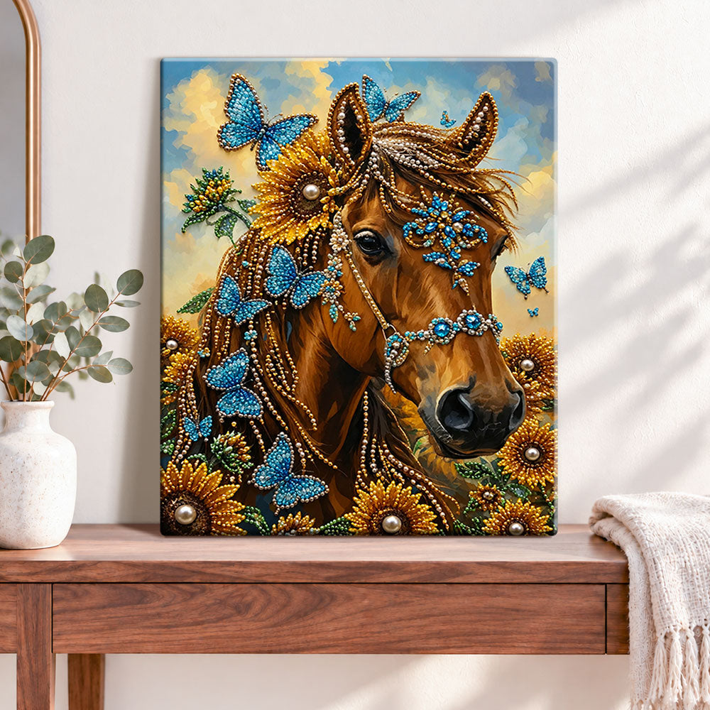 Finished horse with blue butterflies pearl diamond painting artwork displayed as home decor