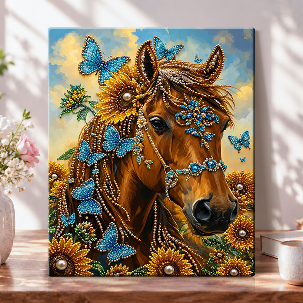 Horse with blue butterflies pearl diamond painting kit for beginners