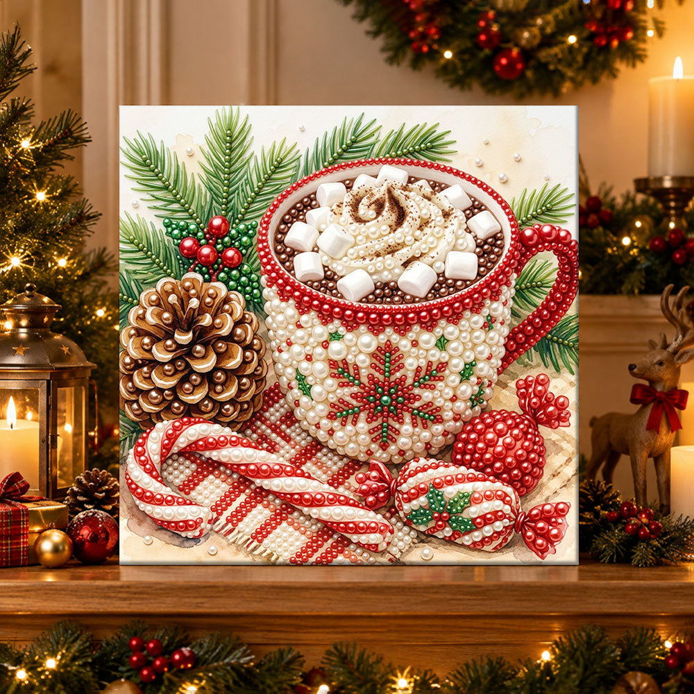 Finished hot cocoa christmas mug pearl diamond painting artwork displayed as holiday home decor