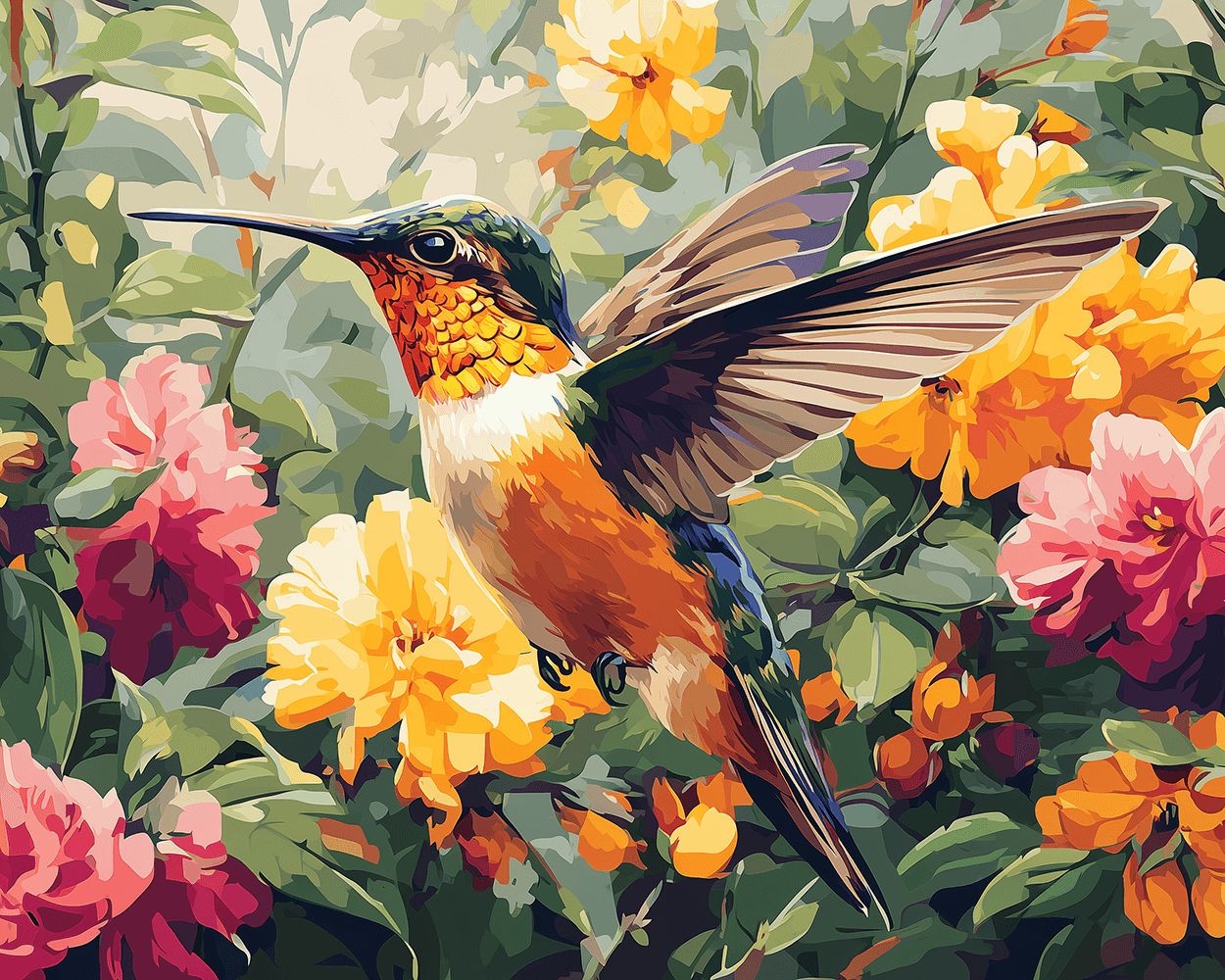 Hovering hummingbird in bright flowers cross stitch kit for beginners