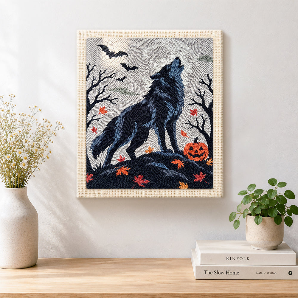 Finished howling wolf on halloween night artwork displayed on a wall