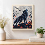 Finished howling wolf on halloween night artwork displayed on a wall