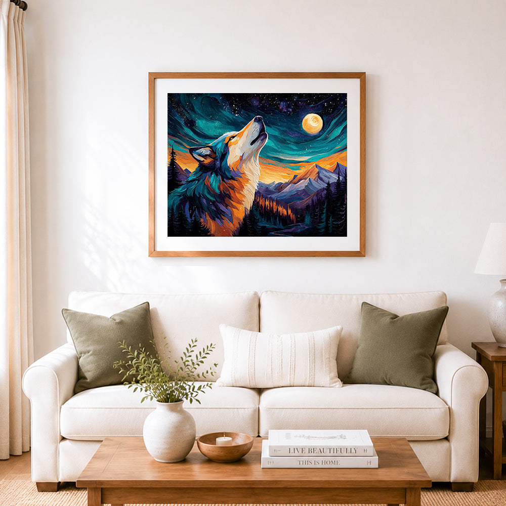 Finished howling wolf under starry moonlit sky cross stitch artwork displayed as home decor