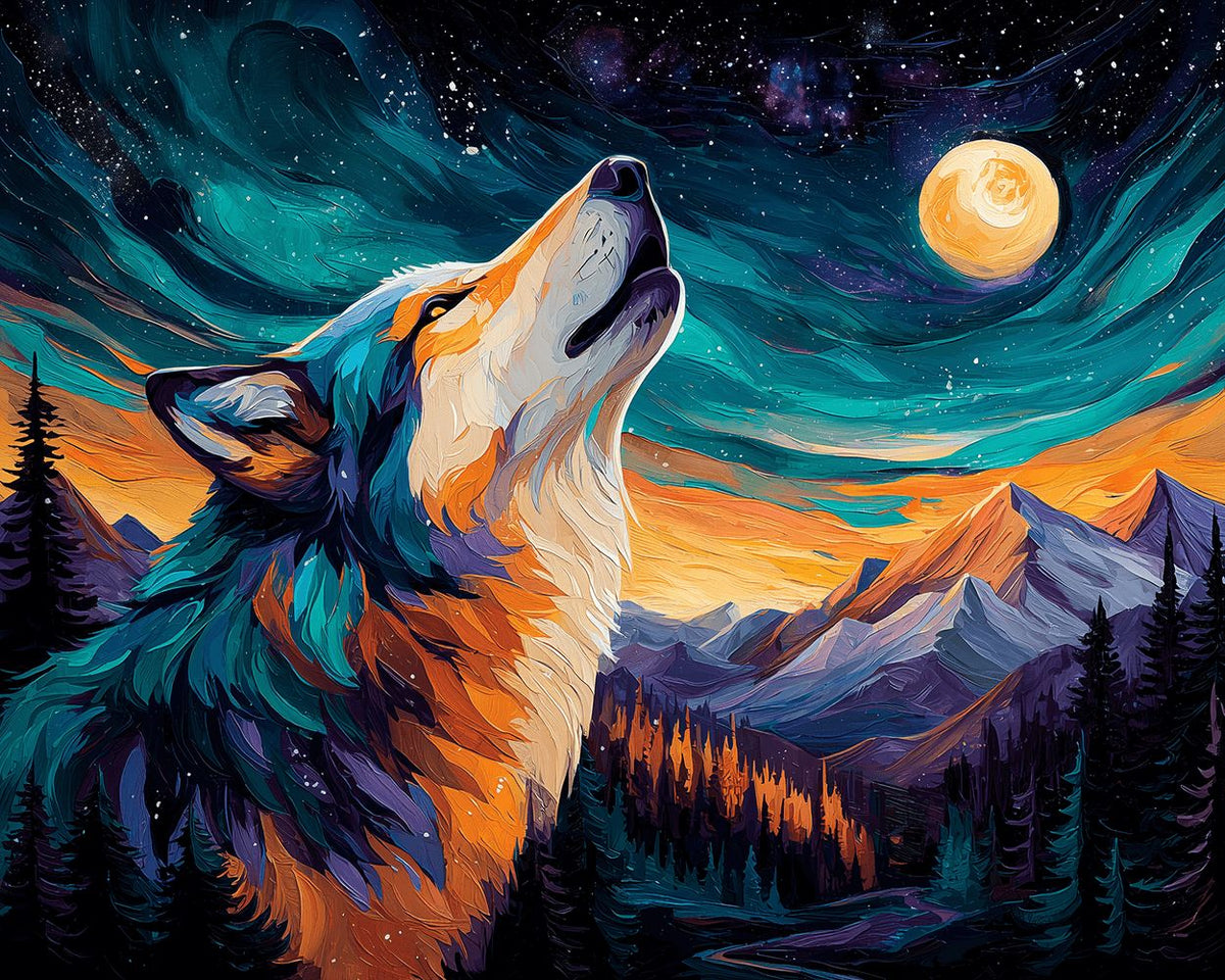 Howling wolf under starry moonlit sky cross stitch kit for beginners