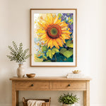 Finished huge bright sunflower cross stitch artwork displayed as home decor