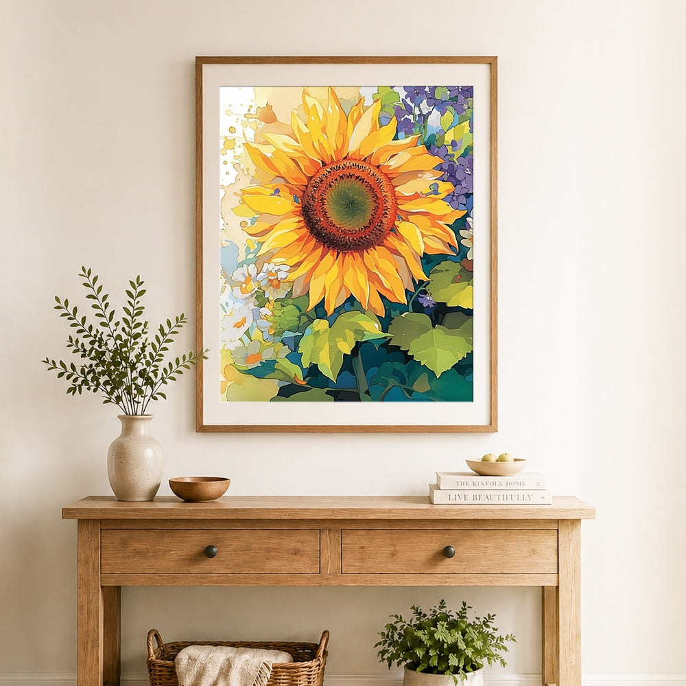 Finished huge bright sunflower cross stitch artwork displayed as home decor