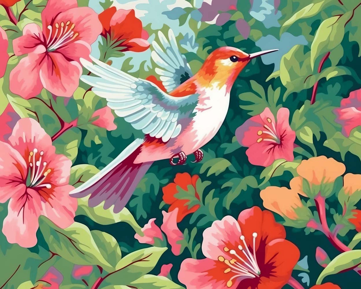 Hummingbird among pink blooms cross stitch kit for beginners